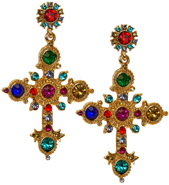 Oorbellen kruis goud met rode, groene en blauwe steentjes, hangend paar