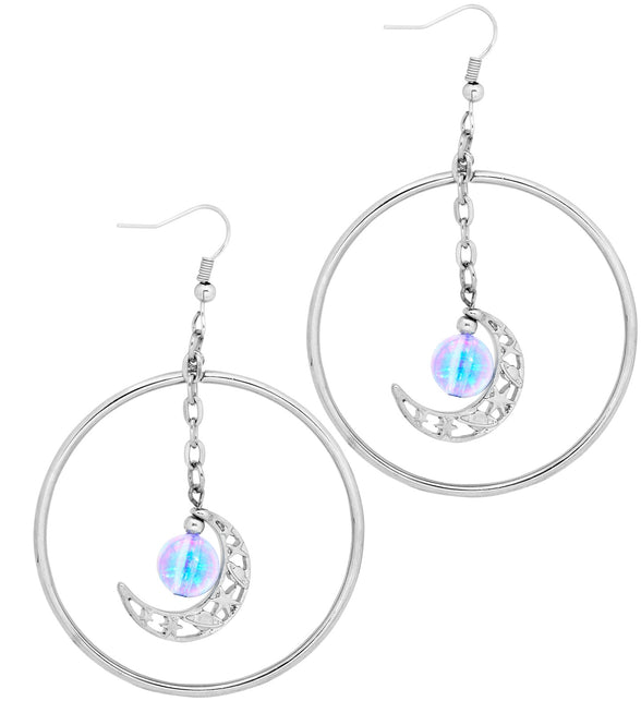 Oorbellen mystiek dames: zilverkleurige ringen met maansikkel en blauwpaarse parel