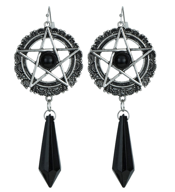 Oorbellen satanisch Zoë in zilver en zwart met pentagram en facetgeslepen druppelhanger