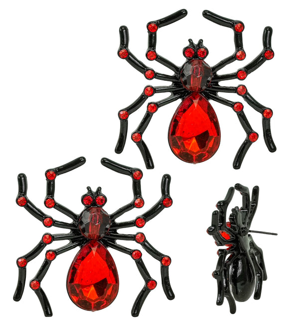 Oorbellen spin met rode edelstenen, twee zwarte spinnen met rode facetsteen en zijaanzicht met stekersluiting