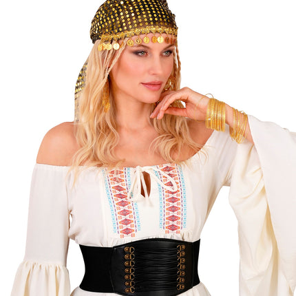 Oosterse hoofddoek goud met munten langs het voorhoofd, gedragen op een themafeest