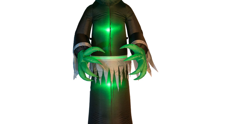 Opblaasbaar spook met LED 240 cm, zwart gewaad met groen oplichtend gezicht en groene klauwen