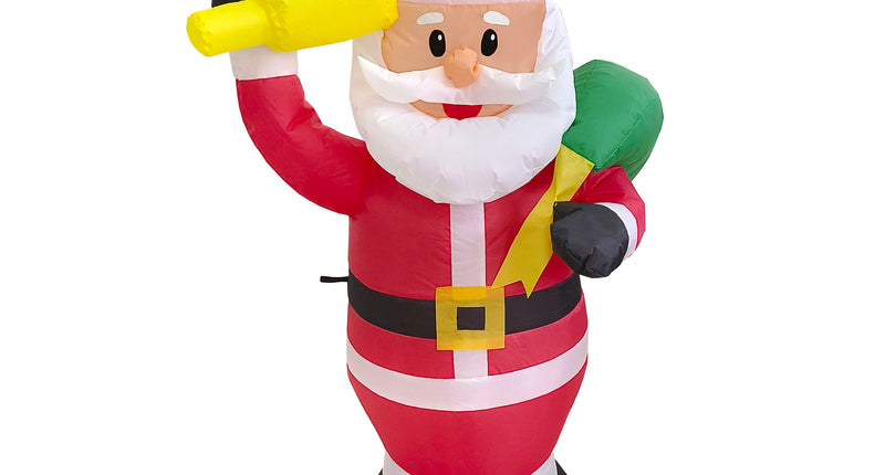 Opblaasbare kerstman 120cm in rood en wit, met gele bel, zwarte riem en groene cadeauzak voor Kerst