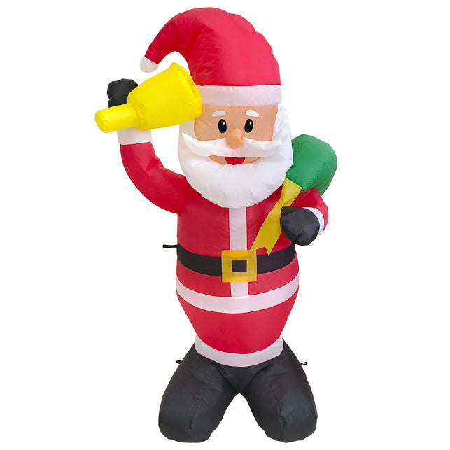 Opblaasbare kerstman 120cm in rood en wit, met gele bel, zwarte riem en groene cadeauzak voor Kerst