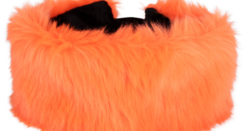 Oranje pluche hoofdband met lange kunstvacht en zwarte binnenband voor Koningsdag