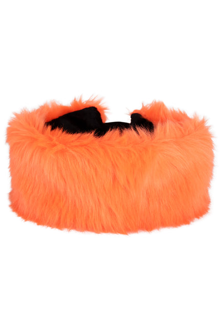Oranje pluche hoofdband met lange kunstvacht en zwarte binnenband voor Koningsdag