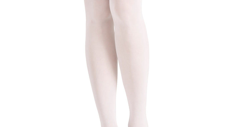 Overknee-kousen wit met witte satijnen strikken op de boord, vooraanzicht op model met zwarte pumps