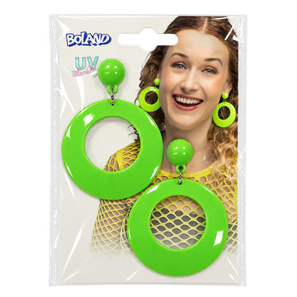 Paar oorbellen retro neongroen UV van Boland in de verpakking, met glanzende ringhangers