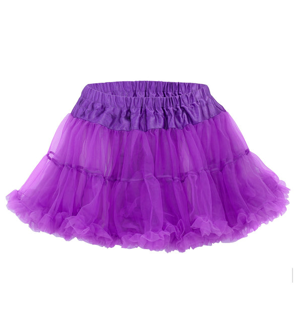 Paarse tutu achterkant met elastische geplooide taille en dubbele laag tule