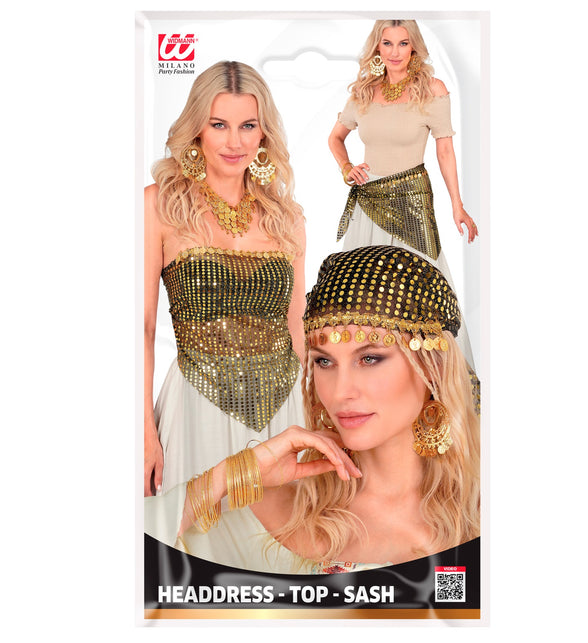 Pailletten doek goud met munten voor dames in verpakking, te dragen als hoofddoek, top of heupsjaal