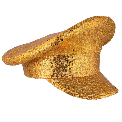 Pailletten pet goud XL van de zijkant met brede klep en pailletten band rond de bol