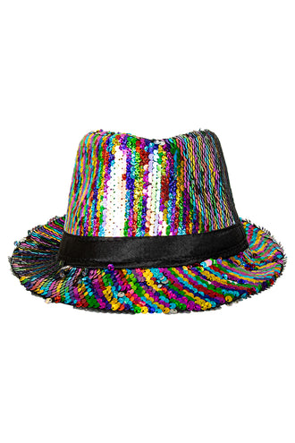 Paillettenhoedje multicolour vooraanzicht met verticale kleurbanen over de bol