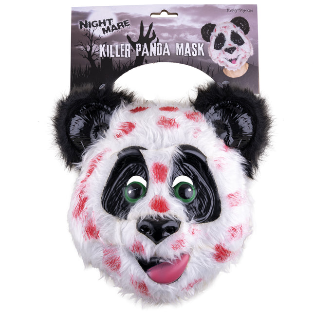 Panda masker met bloed in verpakking, zwarte pluizige oren en glanzend zwart gezichtsdeel