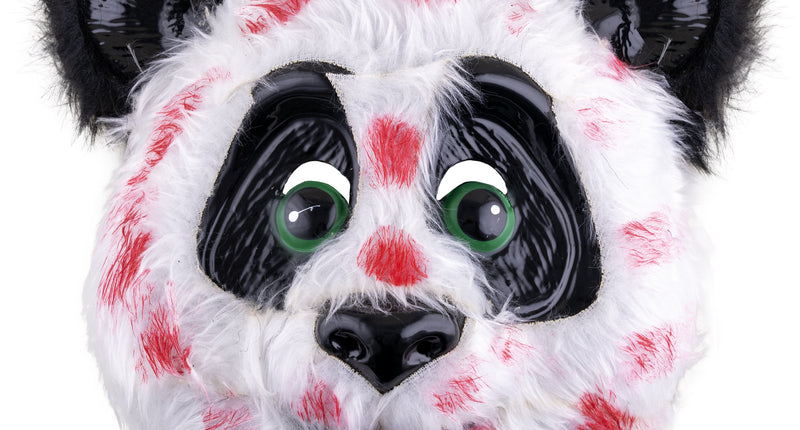 Panda masker met bloed, witte nepvacht met rode spatten, groene ogen en roze tong, voor Halloween