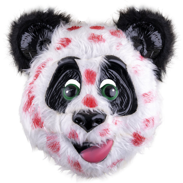 Panda masker met bloed, witte nepvacht met rode spatten, groene ogen en roze tong, voor Halloween