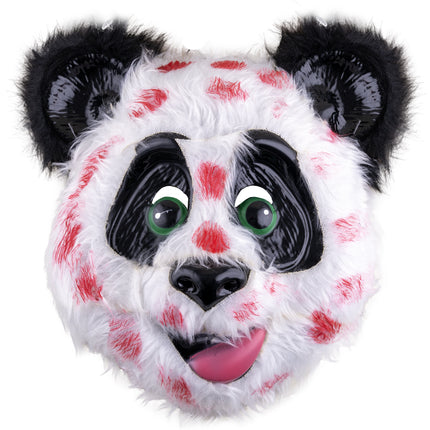 Panda masker met bloed, witte nepvacht met rode spatten, groene ogen en roze tong, voor Halloween