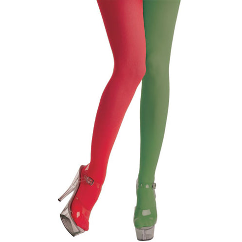 Panty in rood groen voor dames met één effen rood en één effen groen been tot de voet, voor een elfenlook met Kerst