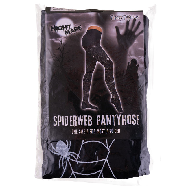 Panty spinnenweb print in de verpakking met detail van het web en een zilvergrijze spin