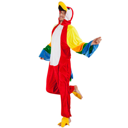 Papegaaienpak pluche met gele vogelpoten aan de broekspijpen, voor een themafeest