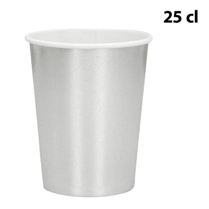 Papieren bekertje zilver van 25 cl met metallic glans, witte binnenkant en opgerolde witte rand