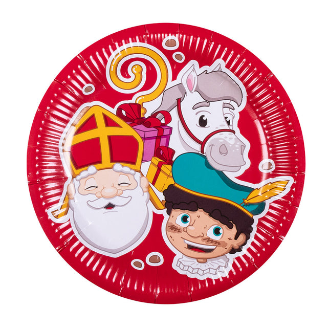 Papieren bordje Sinterklaas in rood met Sint, Piet en het paard, 23 cm doorsnede