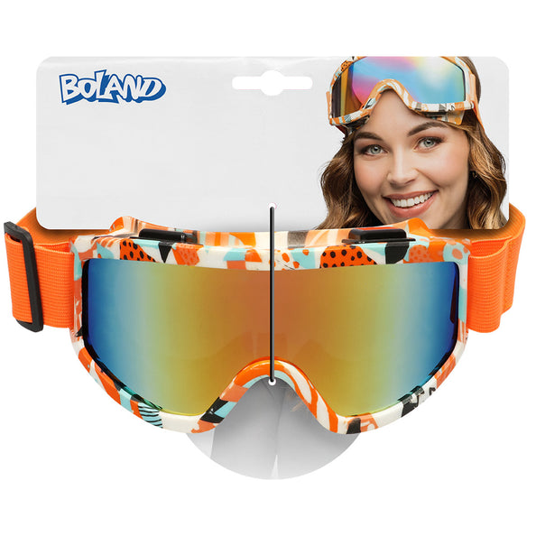 Party skibril Blitz oranje in de verpakking van Boland met kartonnen kaart