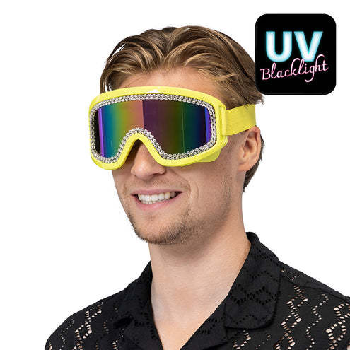 Party skibril Rave neongeel UV met strassrand gedragen op een neon party, met regenboogkleurig spiegelglas
