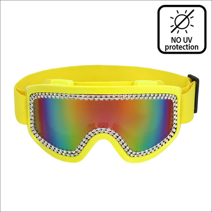 Party skibril Rave neongeel UV in vooraanzicht met twee rijen strass rond de regenbooglens