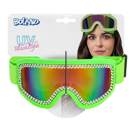 Party skibril Rave neongroen op Boland-kaart met UV-blacklightaanduiding