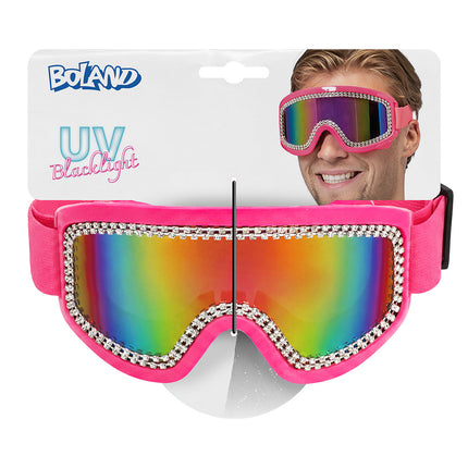 Party skibril Rave neonroze op Boland verpakkingskaart met UV blacklight-aanduiding