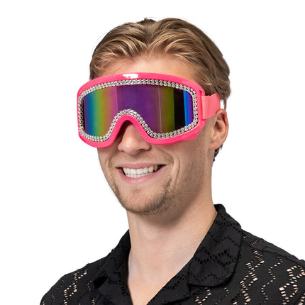 Party skibril Rave neonroze voor de ogen gedragen door een man op een foute party