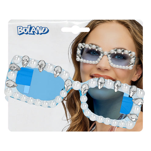 Partybril Pearl diva blauw met parels en steentjes op de verpakkingskaart van Boland