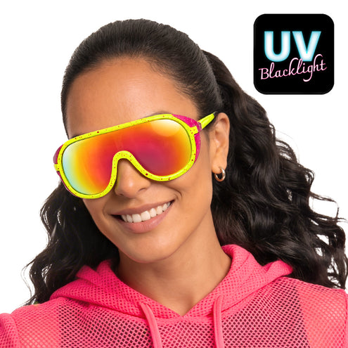 Partybril Rave runner UV neongeel met spiegelglas in rood en oranje, gedragen voor een neon party