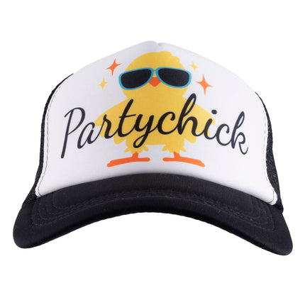 Partychick pet met wit voorpaneel, geel kuiken met blauwe zonnebril en zwarte klep