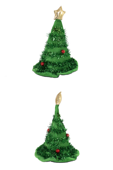 Muts kerstboom luxe in groen met gouden ster, glitterslingers en rode balletjes, voor- en zijaanzicht