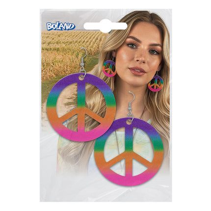Peace oorbellen in regenboogkleuren op de verpakkingskaart van Boland