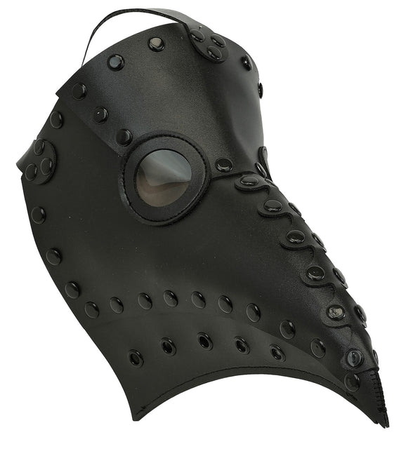 Pestdokter masker in zwart kunstleer met lange spitse snavel en zwarte studs