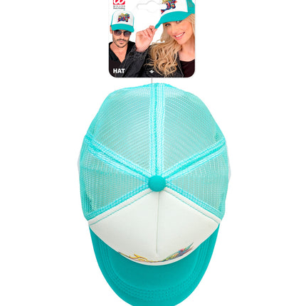 Pet jaren 80 van bovenaf met turquoise meshpanelen en witte voorbaan op verpakkingskaart