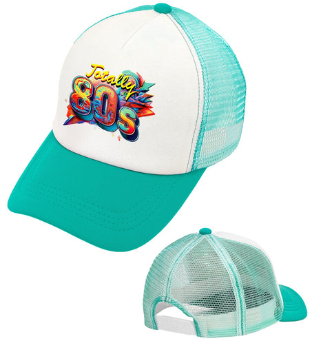 Pet jaren 80 turquoise met wit voorpaneel en kleurrijke Totally 80s print, voor- en achterkant