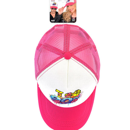 Pet jaren 90 van bovenaf met roze meshpanden en witte klepvoorkant met 90s print