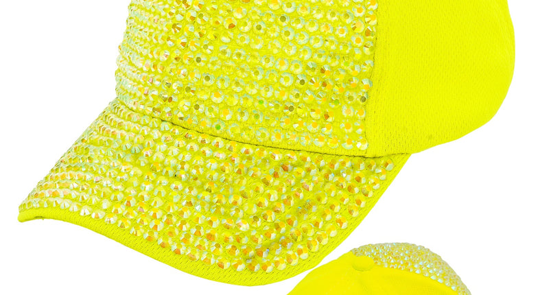 Pet strass neon geel met iriserende steentjes op klep en voorpaneel, met achterzijde in beeld