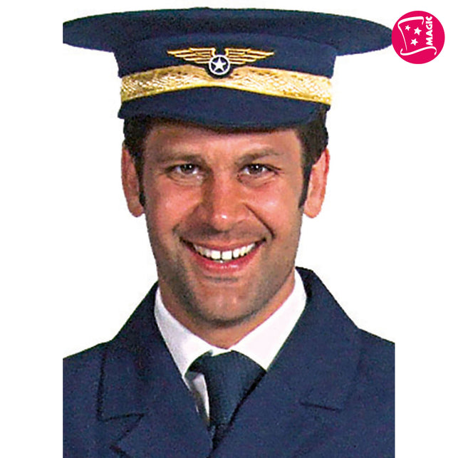 Piloten pet donkerblauw met gouden band en vleugelembleem, gedragen bij een uniformjasje op een themafeest