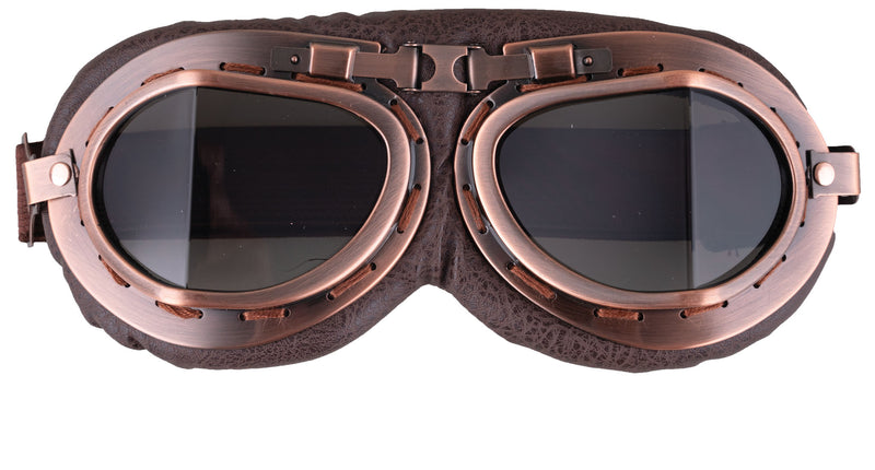 Pilotenbril bruin met koperkleurige rand, donkere ovale glazen en gewatteerde leerlook rand