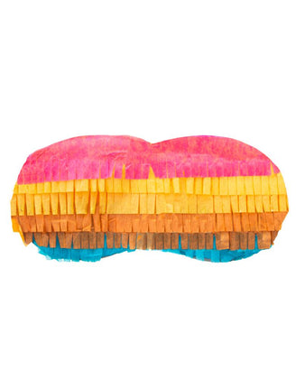 Pinata masker gestreept met roze, gele, oranje en blauwe papieren franjes, oogmasker van 17 x 7 cm