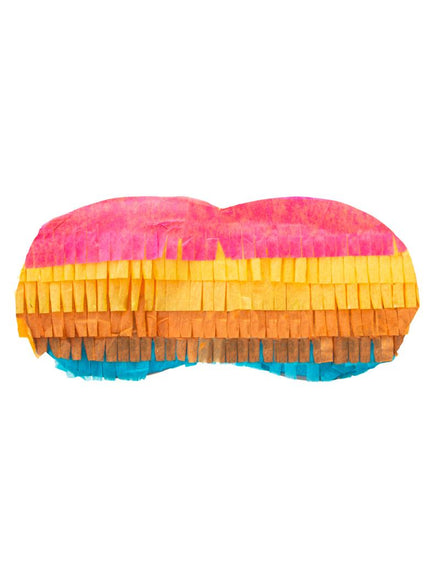 Pinata masker gestreept met roze, gele, oranje en blauwe papieren franjes, oogmasker van 17 x 7 cm
