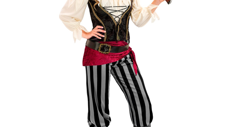 Piraat dame kostuum Emma met zwart rijgvest, crème blouse en gestreepte broek voor carnaval