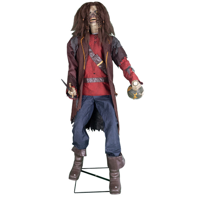 Piraat Pete 183 cm animatronic met gerafelde bordeauxrode jas, dolk en bom op metalen standaard