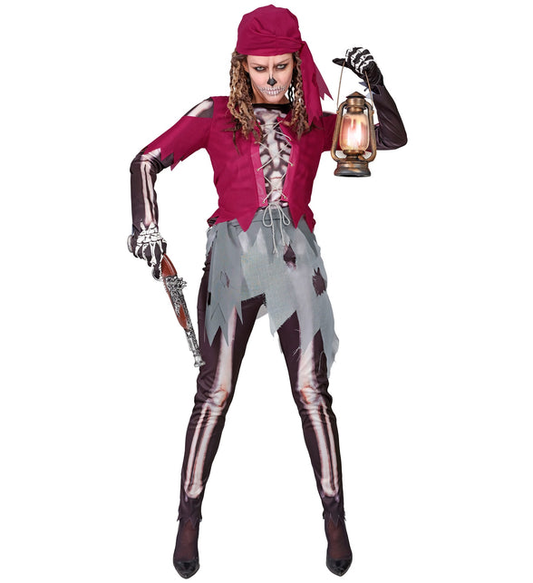 Piraat skelet kostuum dames met bordeauxrood korsetshirt, grijze gerafelde rok en bottenlegging voor Halloween