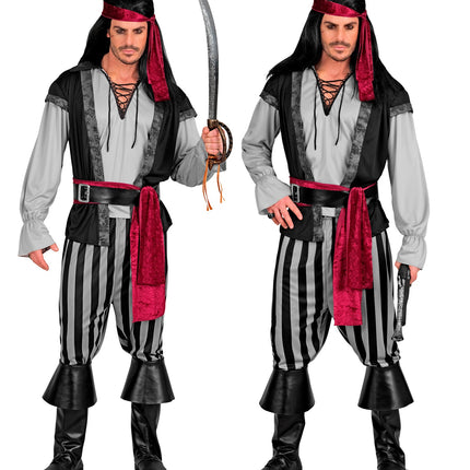 Piratenkostuum heren van voren en schuin, met rode sjerp om de heup geknoopt