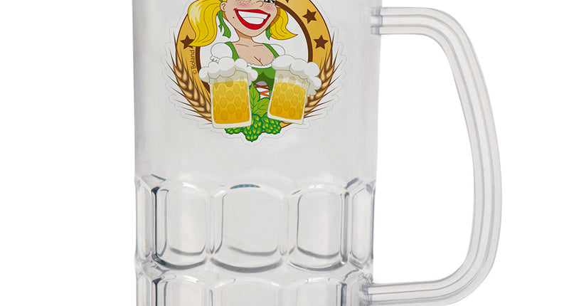 Plastic bierpul Bierfeest transparant met handvat en opdruk van een bierdame met twee pullen